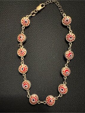 Sterling Silver Red Enamel Evil Eye Bracelet/Anklet - Adjustable up to 9”